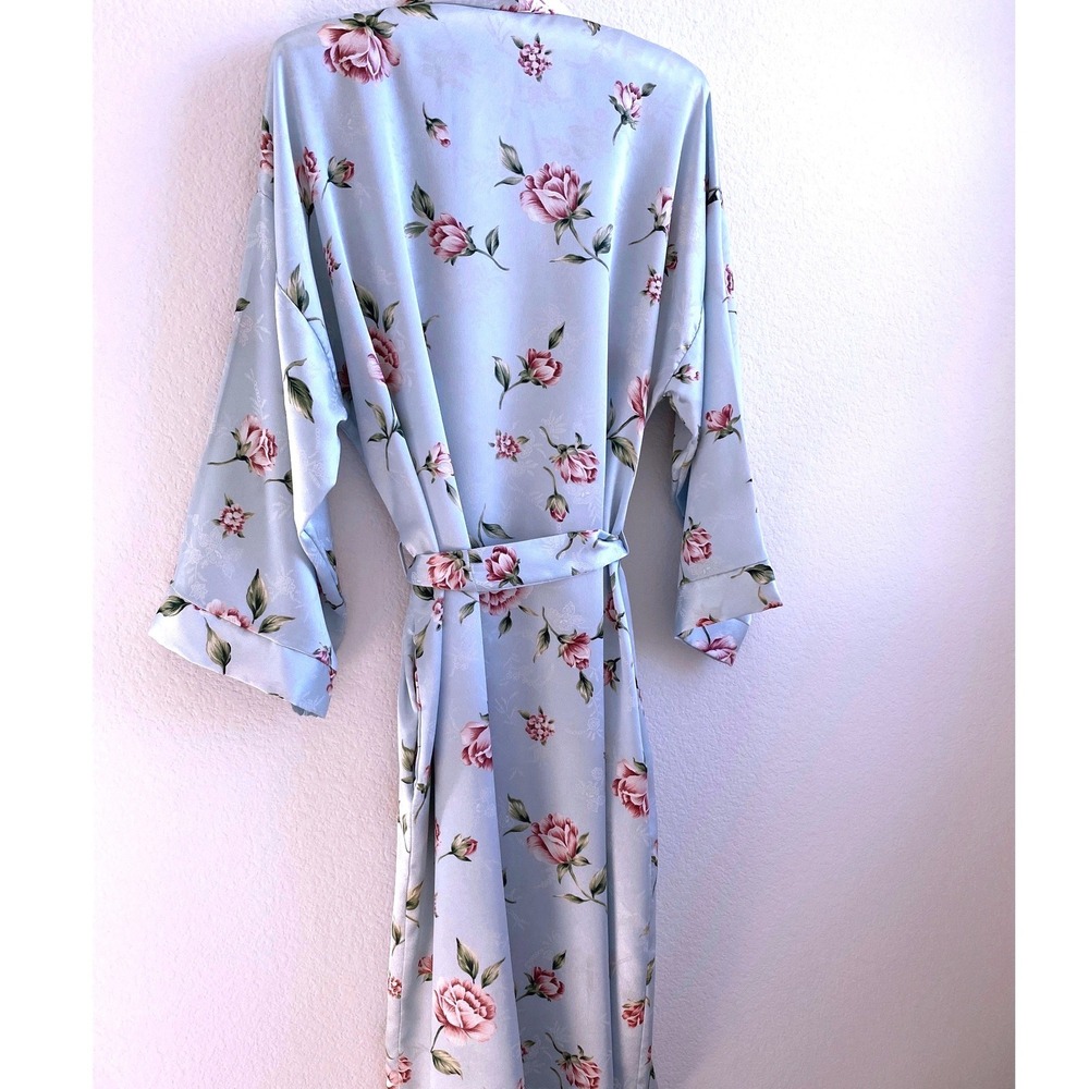 Light Blue Satin Floral Rose Jacquard Wrap Robe with Belt Kimono Sleeves
